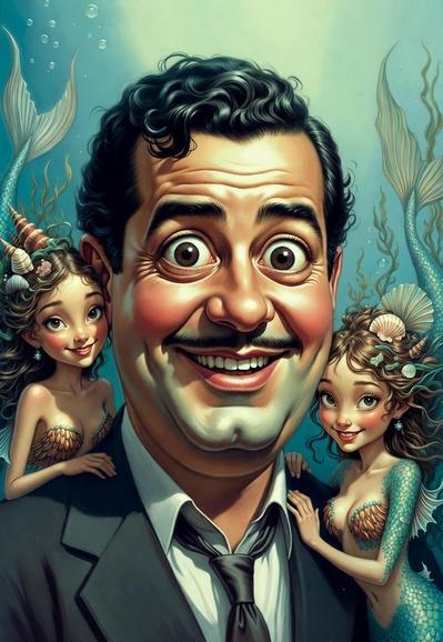 Efectivamente, aunque la vestimenta es más formal de lo que se asocia con el personaje clásico del "peladito", la caricatura sí capta la esencia y los rasgos distintivos de Mario Moreno "Cantinflas":

El bigote fino y característico.

La mirada cómica y exageradamente expresiva, con esos ojos muy abiertos.

La sonrisa amplia y pícara que definía su humor.

La ilustración se convierte, entonces, en una caricatura subacuática y fantástica de Cantinflas rodeado de pequeñas sirenas. Es una mezcla divertida de la icónica estrella mexicana con un estilo de arte digital moderno.

(La descripción anterior del fondo y las sirenas sigue siendo válida, y ahora tenemos el sujeto principal correctamente identificado como Mario Moreno "Cantinflas").