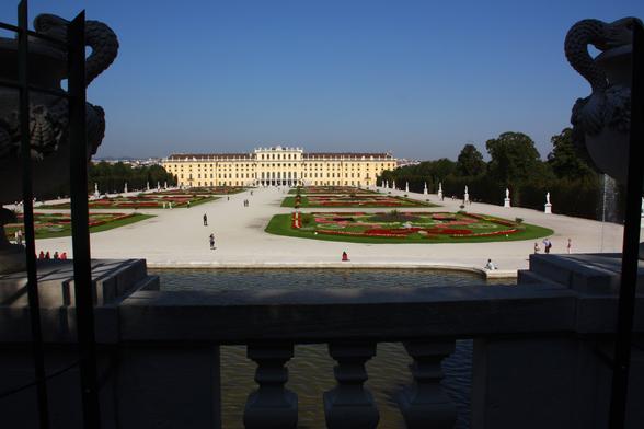 Standing on a terrace at one end of the vast garden grounds of Schönbrunn Palace. The garden is so large that the people look like specks. In the distance is the Palace itself, a pale yellow, large and rectangular building. There are tall trees on each side of the garden. In the foreground is part of the terrace that stands behind a pool and fountain. Vienna, Austria