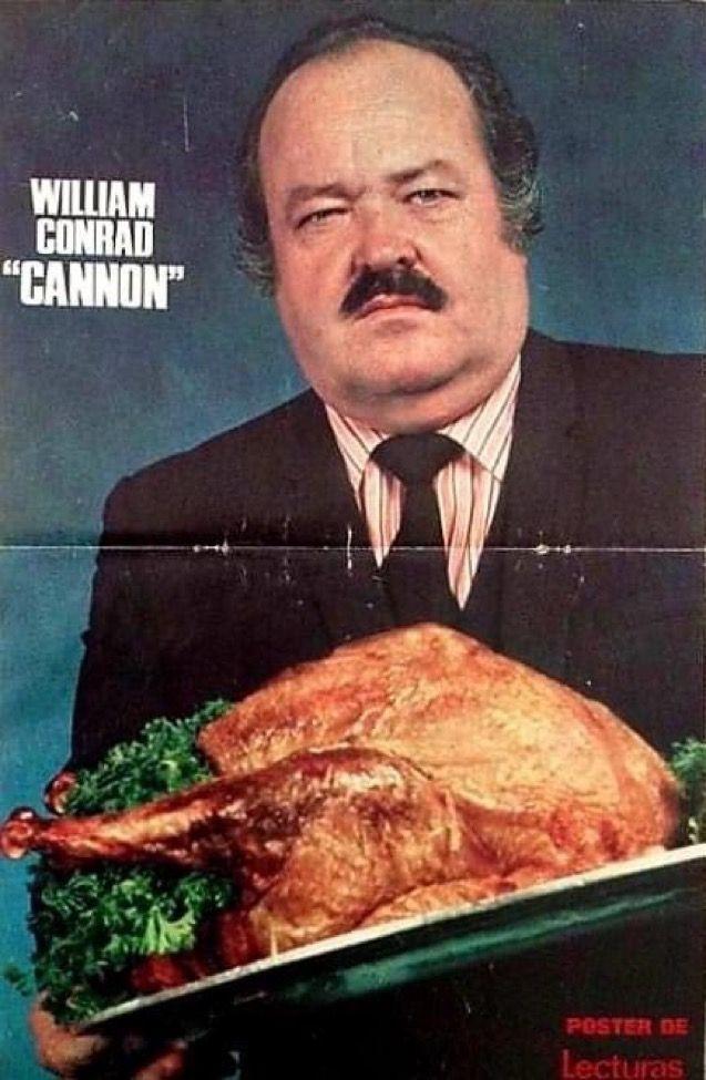 Not a comic book panel, but a 1970s poster of actor William Conrad as "Cannon". You can tell because it says so on the upper right of the image. Conrad is wearing a black suit, striped shirt and black neck tie and standing in front of a bluish background. His eyes are narrow, look to the right of the image, and he appears mildly annoyed or disgusted as he holds - crookedly - a platter with a cooked turkey heavily garnished with lettuce coming out of its ass. 