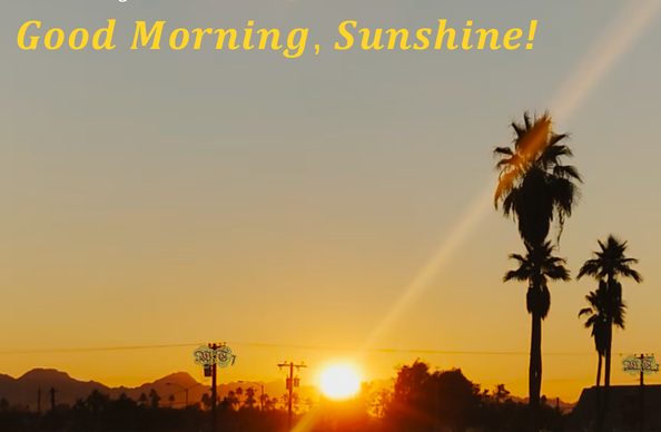 bright morning sun peeking over the horizon. small mountains  in the background, a couple palm trees silhouetted, and a few telephone poles spoiling the landscape. across the top is written, "Good Morning, Sunshine!"
