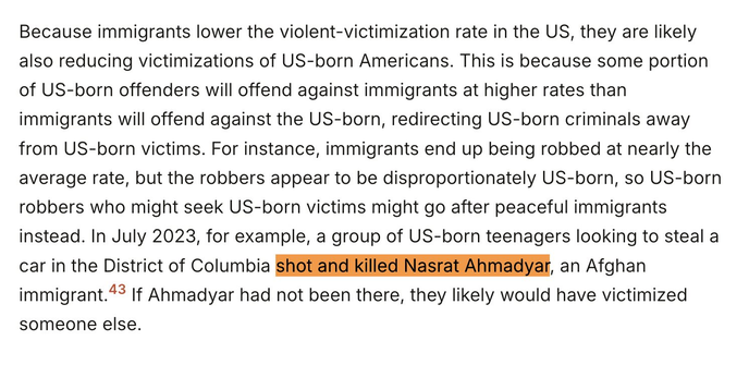 An excerpt discussing the relationship between immigrants and crime rates in the US, highlighting the case of Nasrat Ahmadyar, an Afghan immigrant who was shot and killed in a robbery attempt in July 2023.