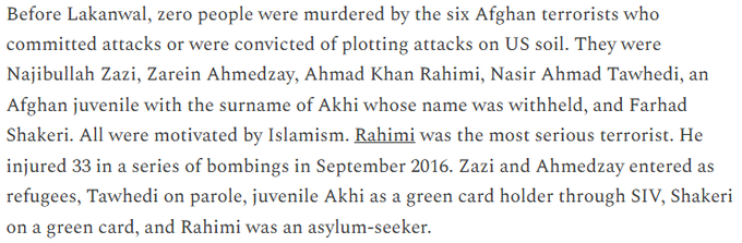 The image contains text discussing six Afghan terrorists involved in attacks on U.S. soil, detailing their names, motivations, and backgrounds. It highlights their connections to Islamism and the consequences of their actions, including casualties from bombings in September 2016