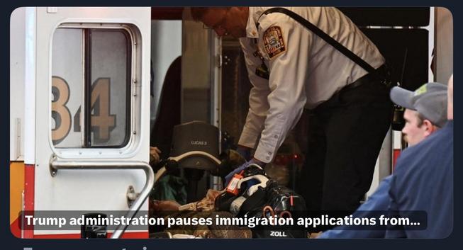 An emergency responder is assisting an individual on a stretcher inside an ambulance. The scene suggests a medical emergency or rescue situation. Text at the bottom references the Trump administration pausing immigration applications.