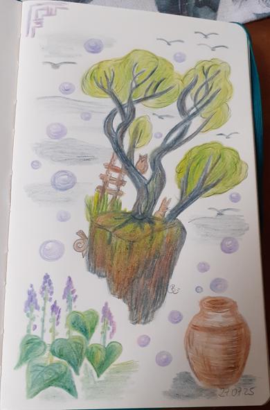 Sketchbook Seite, Buntstift Fliegende Insel mit Bäumen mit schwarzen Stämmen und hellgrünen Kronen. An einem lehnt eine Leiter. Eine Eule, ein Hase und eine Schnecke sind auch zu sehen. Drumherum lila Blasen. Rechts unten eine Amphore, links unten Pflanzen mit großen grünen herzförmigen Blättern aus den lila Blütenrispen hervorsprießen.