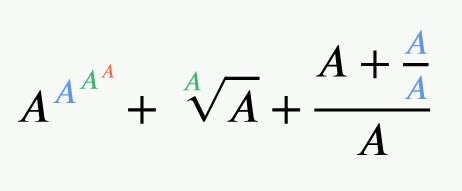A series of math formulas with nested exponents, indices or fractions. The variables in the nested formulas are progressively smaller.