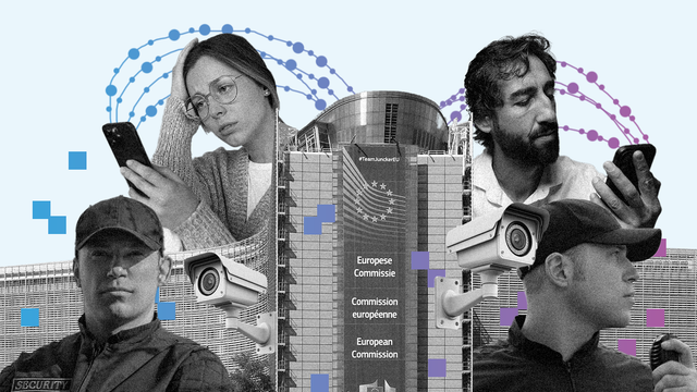 European Commission building in the centre. It is surrounded by 4 people - 2 people in the top are looking at their phones, one looks distressed. 2 people at the bottom are security personnel. CCTV cameras surround the building.