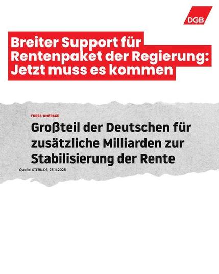 Grafik des DGB (Deutscher Gewerkschaftsbund). Oben steht in weißer Schrift auf rotem Hintergrund: „Breiter Support für Rentenpaket der Regierung: Jetzt muss es kommen“. Rechts oben ist das DGB-Logo. Darunter auf einem grauen, wie abgerissenen Papier wirkenden Hintergrund steht: „Forsa-Umfrage. Großteil der Deutschen für zusätzliche Milliarden zur Stabilisierung der Rente“. Unten links im grauen Bereich steht die Quellenangabe: Quelle: stern.de, 25.11.2025