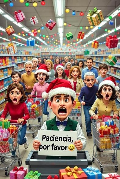 Esta es una ilustración cómica y surrealista que representa el caos de las compras navideñas en un supermercado.

Elementos Clave:
Escena y Fondo: La acción tiene lugar en el pasillo central de un supermercado, rodeado de estanterías llenas de productos. El ambiente está saturado con decoraciones y luces de Navidad, y paquetes de regalo están flotando o cayendo del techo.

Personaje Central: En primer plano, un hombre, probablemente un empleado o dependiente, lleva un gorro de Papá Noel y una pajarita verde. Tiene una expresión de terror exagerado (ojos muy abiertos y boca gritando) mientras sostiene un cartel.

Cartel: El cartel dice: "Paciencia, por favor 🙂" (con un emoji de sonrisa irónica).

Multitud: Detrás de él, una multitud de compradores, muchos de ellos también con gorros de Papá Noel, corren hacia adelante empujando carros de la compra repletos de regalos. Todos en la multitud tienen expresiones igualmente exageradas de pánico, sorpresa o histeria.

La imagen utiliza el humor y la hipérbole para representar la locura de las compras de fin de año.