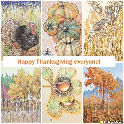 A photo collage of some art that fits a Thanksgiving theme for today:
A wild turkey, pumpkins, harvest mice, a soft toned autumn scene, horse chestnuts and a autumn scene on a sunny day with orange trees.