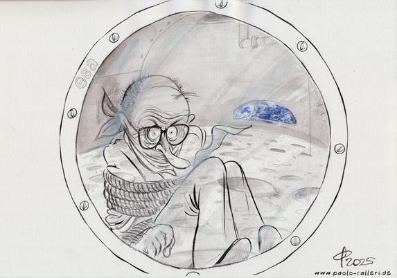 Karikatur. Blick durch ein Bullauge in ein Raumfahrzeug. Auf der Fensteroberfläche spiegelt sich die Oberfläche des Mondes. Im Innern des Raumfahrzeugs befindet sich Friedrich merz. Er ist gefesselt und geknebelt. Sein Blick ist wütend.