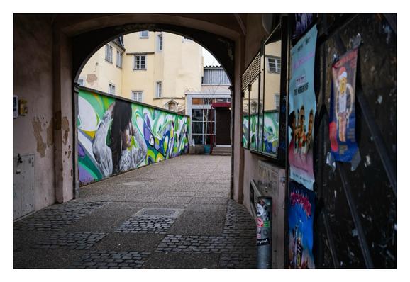 Foto im Querformat. Blick durch einen Durchgang in einen Hinterhof. Im Hof ist links eine Mauer, darauf ist großflächig ein überwiegend grünes Graffiti. Im Durchgang rechts sind verglaste Schaukästen. Im Glas spiegelt sich das Graffiti.