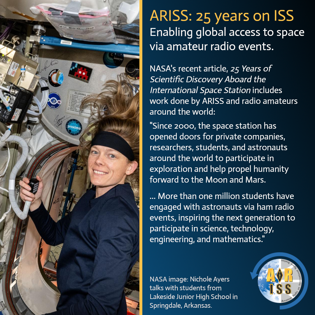 Alt text for the image:Astronaut Nichole Ayers smiles while floating in microgravity inside the International Space Station (ISS), holding a handheld radio microphone. She is wearing a black headband and dark shirt, with her hair floating upward. The background shows ISS equipment, cables, and various stickers/patches on the walls.Overlay text on the right celebrates “ARISS: 25 Years on ISS – Enabling global access to space via amateur radio events.” It highlights a recent NASA article recognizing 25 years of scientific discovery on the ISS, noting that ARISS (Amateur Radio on the International Space Station) has allowed astronauts to connect with students worldwide via ham radio since 2000. Key points include:Over one million students have spoken directly with astronauts through scheduled radio contacts. These events inspire the next-generation participation in STEM fields. Caption: “NASA image: Nichole Ayers talks with students from Lakeside Junior High School in Springdale, Arkansas.” The ARISS logo appears in the bottom right corner.
