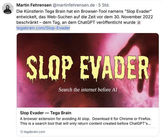Sreenshot des Slop Evader-Postings von Martin auf Bluesky