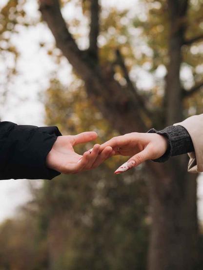 two hands reaching in autumn park