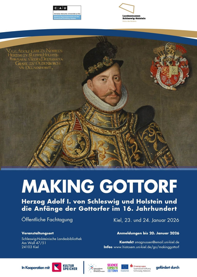 Tagungsplakat. In der Mitte ein Mann im Prunkharnisch im ernsten Blick, rechts davon ein Wappen. Darunter die Informationen zur Tagung.