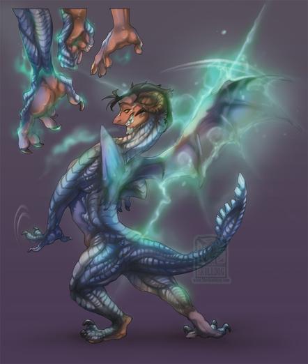 An Au Ra male mid transformation into a heavily scaled, dark platinum scaled dragon, half translucent wings forming on his back, and a close up of hands grabbing at magical embers.