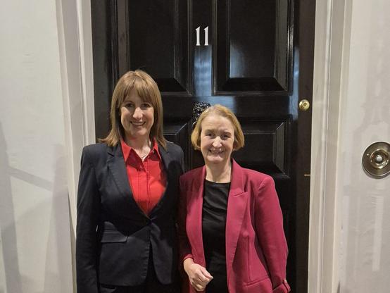 Dame Nia Griffith and Chancellor Rachel Reeves standing outside Number 11 Downing Street ahead of Budget discussions