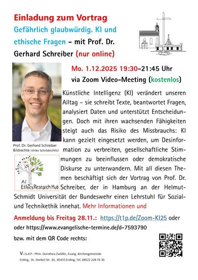 Bild zeigt Flyer zum Onlinevortrag KI und Ethik