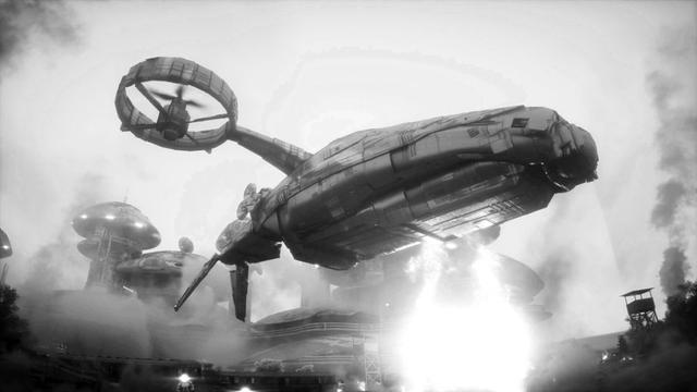 Spaceship leaving scene of a battle