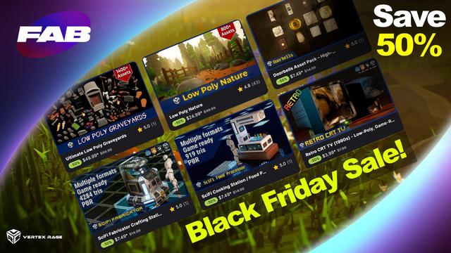 Image showing thumbnails of asset packs on sale during Fab Friday Mega Sale