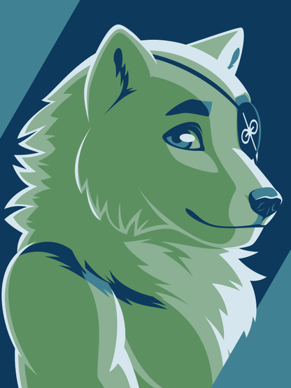 A vector portrait of an anthro arctic wolf wearing an eyepatch, drawn in flat colors: nearly white, two shades of blue, and two shades of green