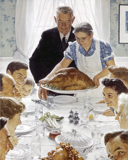 The painting "Freedom From Want" by Norman Rockwell, shows a 70-something woman placing a monstrous turkey at the center of a dinner table with little effort on her part.