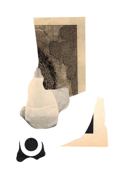 Œuvre d'art signée et datée de l'année 2025, de 14,8x21cm (5,8×8,3in), sur fond blanc réalisée en papier découpé dans des revues. Ce collage à la fois abstrait et figuratif montre une composition de trois îlots de papier. Au centre, un élément difforme et abstrait de couleur blanche et grise recouvre légèrement la partie déchirée d'une image en tons gris reproduisant vraisemblablement un dessin ou une peinture, fait de points et de lignes et d'un aplat nuageux. Juste en dessous une petite sphère noire lévite au-dessus d'une forme convexe à la courbe exacte sur le dessus et déformé au-dessous. À droite se dresse comme un bas de page de livre déchiré, plus ou moins triangulaire, dont la marge couleur ivoire représente la plus grande partie de la surface, laissant tout de même apparaître un petit triangle noir.