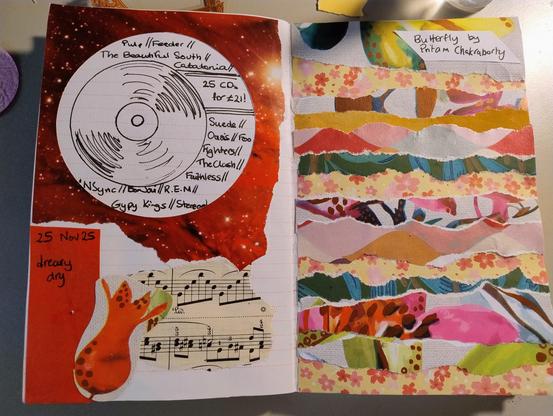 A small double page journal.
On the left is a circle cut out from red starry background, a drawing of a cd inside with a list of artists. Underneath is a red rectangle, a torn piece of sheet music, and a flower.
On the right is horizontal ripped strips of brightly coloured paper