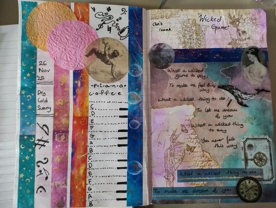 A journal spread.
On the left is vertical coloured washi tape with two large cut out coloured circles at the top and a sticker of a classical drawing of a man falling. The lines on the page have been dotted and lined to mimic piano keys.
On the right is a starry purple and turquoise background with skeleton hands and a small portrait of a woman in  regency /romantic style