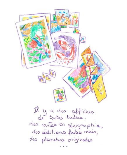 Colored pencil illustration depicting a collection of prints and editorial objects: posters, cards, folded editions, and small formats with various patterns, scattered around. These are schematic drawings of the items and prints I sell in my online shop. Below, a handwritten sentence reads: “There are posters of all sizes, screen-printed cards, handmade editions, original drawings...”