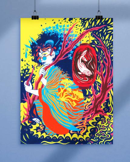 This is a mock-up of a hanging poster showing a character dressed in a brightly striped outfit, holding a red tree branch. An oval lantern containing a fish is hanging from the branch. The background features yellow and dark blue tones. This poster is a reproduction of a colored pencil drawing.