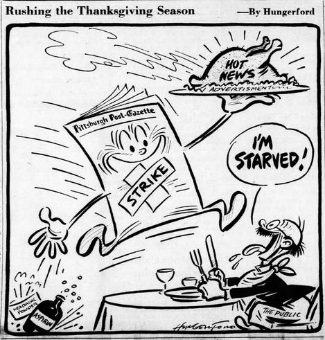 A cartoon called "Rushing the Thanksgiving Season" shows an anthropomorphized newspaper delivering a turkey labeled "Hot News" to "the public"