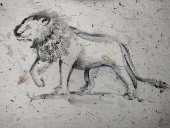 Watercolor painting of a male lion walking.