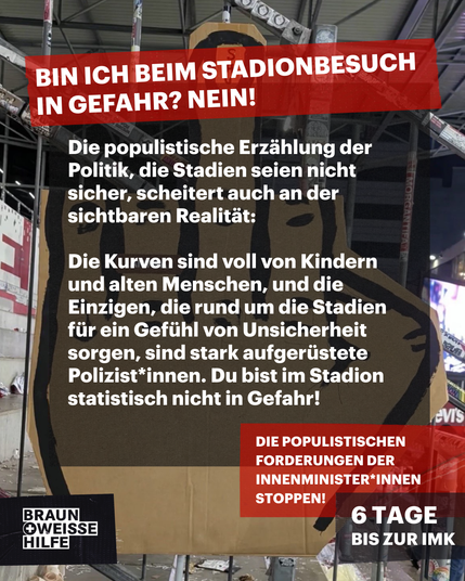 Bin ich beim Stadionbesuch in Gefahr? Nein!
Die populistische Erzählung der Politik, die Stadien seien nicht sicher, scheitert auch an der sichtbaren Realität:
Die Kurven sind voll von Kindern und alten Menschen, und die Einzigen, die rund um die Stadien für ein Gefühl von Unsicherheit sorgen, sind stark aufgerüstete Polizist*innen. Du bist im Stadion statistisch nicht in Gefahr!