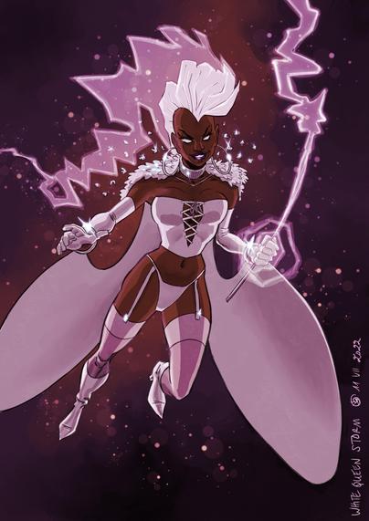 Punk Storm from the X-me mixed with the White Queen from the Hellfire Club. She is surrounded by electric sparks and holds a lightning-themed weapon, set against a dark, cosmic background.