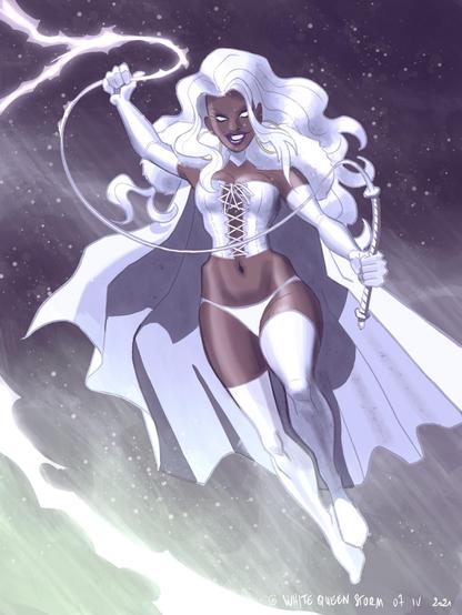 Storm mixed with The White Queen with long, flowing white hair, wearing a white outfit and cape. She holds a whip-like lightning bolt in one hand and displays a confident expression against a dark, mystical background.