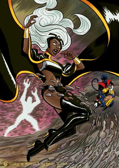 A classical Storm from the X-men with white hair and a black outfit, commanding the elements. She appears to be in action against Proteus in the background. Nightcrawler and Wolverine are also in the background