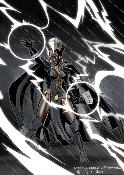 Punk Storm as the Goddess of Thunder depicted in a dynamic pose, controls lightning with electric energy surrounding her. She wears a dark, elaborate outfit highlighted with gold accents, while dramatic streaks of lightning and rain create an intense atmosphere.