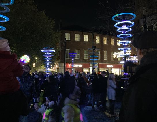 poles with different sizes of glowing rings around them, giving sounds as one touches them. And they sure do.