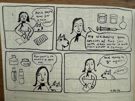 4 panel comic of me cleaning my pens