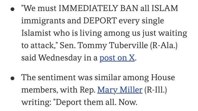 The image contains quotes from U.S. Senator Tommy Tuberville and Representative Mary Miller regarding immigration policy, specifically calling for a ban on Muslim immigrants and the deportation of Islamists.