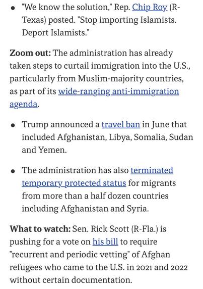 Text discussing U.S. immigration policies, including statements from Rep. Chip Roy on Islamism, a travel ban affecting several countries, and legislative efforts regarding Afghan refugees and their documentation status.
