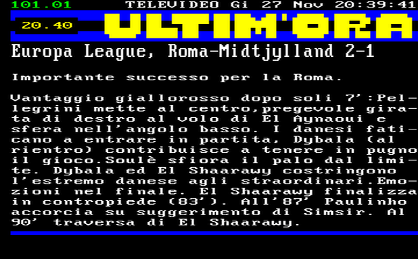 20.40 
Importante successo per la Roma. 
Vantaggio giallorosso dopo soli 7':Pellegrini mette al centro,pregevole girata di destro al volo di El Aynaoui e sfera nell'angolo basso. I danesi faticano a entrare in partita, Dybala (al rientro) contribuisce a tenere in pugno il gioco.Soulè sfiora il palo dal limite. Dybala ed El Shaarawy costringono l'estremo danese agli straordinari.Emozioni nel finale. El Shaarawy finalizza in contropiede (83'). All'87' Paulinho accorcia su suggerimento di Simsir. Al 90' traversa di El Shaarawy.
