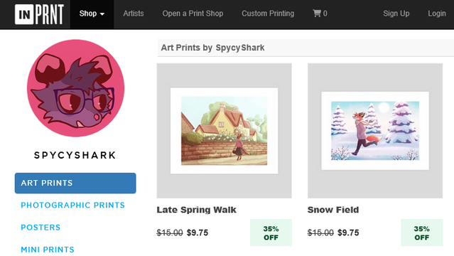 A screenshot of my INPRNT shop page showing two prints at 35% off