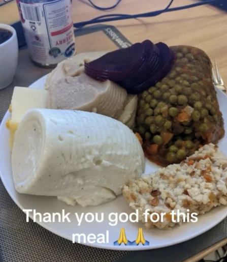 truly cursed dinner plate featuring canned peas suspended in a gelatinous mound, ghost-white dairy log, mashed beige goo, and sliced beets that look like vinyl records. The whole plate jiggles ominously like it might slide off the table and file a tax return. Caption: “Thank you god for this meal 🙏🙏” — unclear if it’s gratitude or a warning.