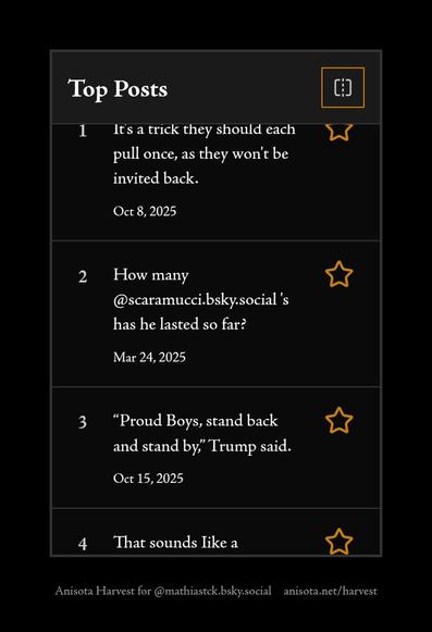 Top Posts


1
It's a trick they should each pull once, as they won't be invited back.
Oct 8, 2025
2
How many @scaramucci.bsky.social 's has he lasted so far?
Mar 24, 2025
3
“Proud Boys, stand back and stand by,” Trump said.
Oct 15, 2025
4
That sounds Iike a confession that Trump is abusing emergency powers strategically.
Nov 6, 2025
5
We must demolish additional pylons
Nov 19, 2025
6
Sure but then they just train against that adversary too. I think we do need to push for LLM generated content to be tagged or watermarked as such. But we basically need ALL informational content to cite its sources. Don't trust AND do verify.
Sep 4, 2025
7
This redditor put it well: "It's a really common theme of Helldivers, Warhammer, Fallout, Starship Troopers and many more. They are taken seriously by the people they are making fun of" www.reddit.com/r/starshiptr...
Sep 12, 2025
8
www.pennlive.com/opinion/2025... #FettermanShouldResign and let Governor Shapiro appoint a replacement
May 2, 2025
9
Given how often even Trump's packed court has ruled Trumps orders #unlawful everyone just has to assume all of Trump's orders are unlawful. Even orders previously found lawful were adjudicated based on what has been revealed to be blatant lies the administration told under oath.
Nov 18, 2025
10
They do today!
Sep 16, 2025
Top Posts