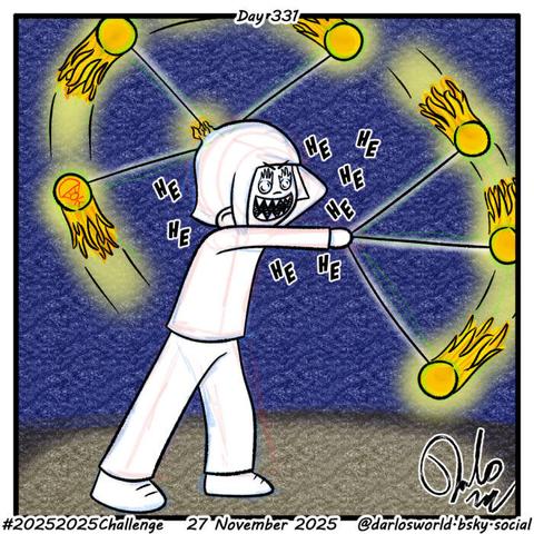 Drawing of Darlo spinning fire poi while chuckling maniacally. His hair is on fire.