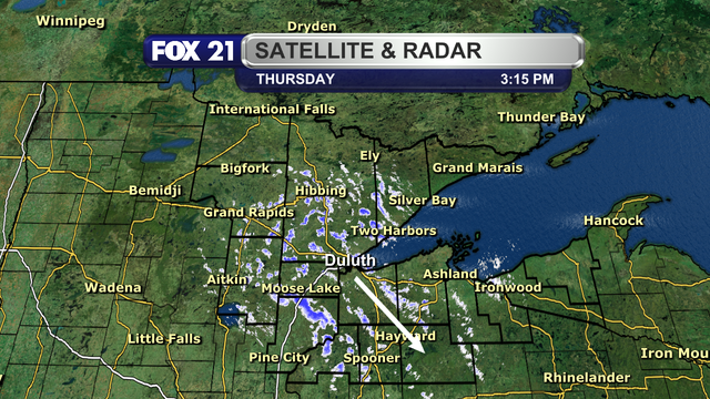 The radar over the Northland at 3:15 p.m. on November 27, 2025, shows scattered snow showers passing through the region from northwest to southeast.  Some of the snow showers do contain heavy snowfall rates, reducing visibility on area roadways for a brief time period.