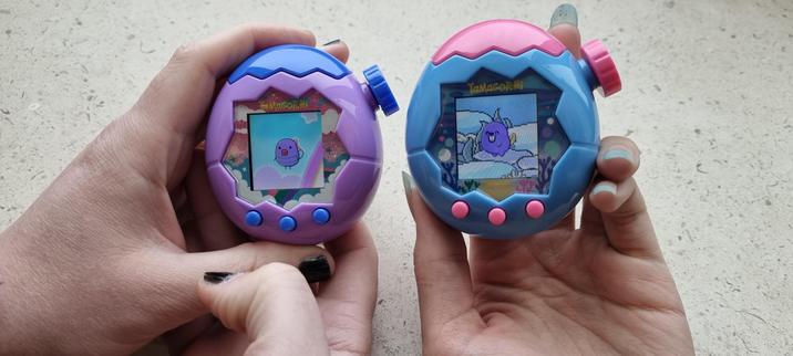 close up of scremlin and I's hands holding our tamagotchis. Scremlin has a purple and blue tamagotchi paradise and I have the same in blue and pink. Scremlin has a purple bumblebee like tama in the sky and I have a have purple beaver like tama in the ocean. The camera is focused on scremlin's tama who has a neutral expression. Mine is excited, but a little blurry.