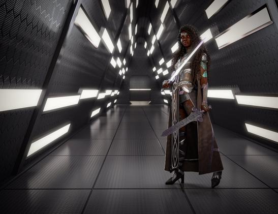 The Character: A female warrior with long, dark curly hair stands confidently in the right portion of the frame. She has dark skin and red glowing eyes that give her an intense, powerful presence. She wears fantasy-style armor including a brown flowing cape or cloak, metallic shoulder pieces, and brown leather-textured garments. She has distinctive turquoise or cyan metallic markings on her forehead and visible on her arm. She wields a large, ornate sword with an intricate crossguard featuring decorative knotwork patterns.
The Setting: The corridor creates a striking geometric environment with strong angular architecture. Dark gray metallic walls frame the space, featuring textured patterns. Brilliant white light streams through rectangular window openings on both sides of the corridor, creating dramatic diagonal shadows that crisscross the floor and walls. The floor appears to be made of large dark gray metallic tiles with a subtle grid pattern.
The Composition: The perspective shows depth as the corridor extends into the distance. The interplay of light and shadow creates a powerful sense of drama, with the bright geometric light patterns contrasting against the dark walls. The overall aesthetic blends science fiction architecture with fantasy character design.